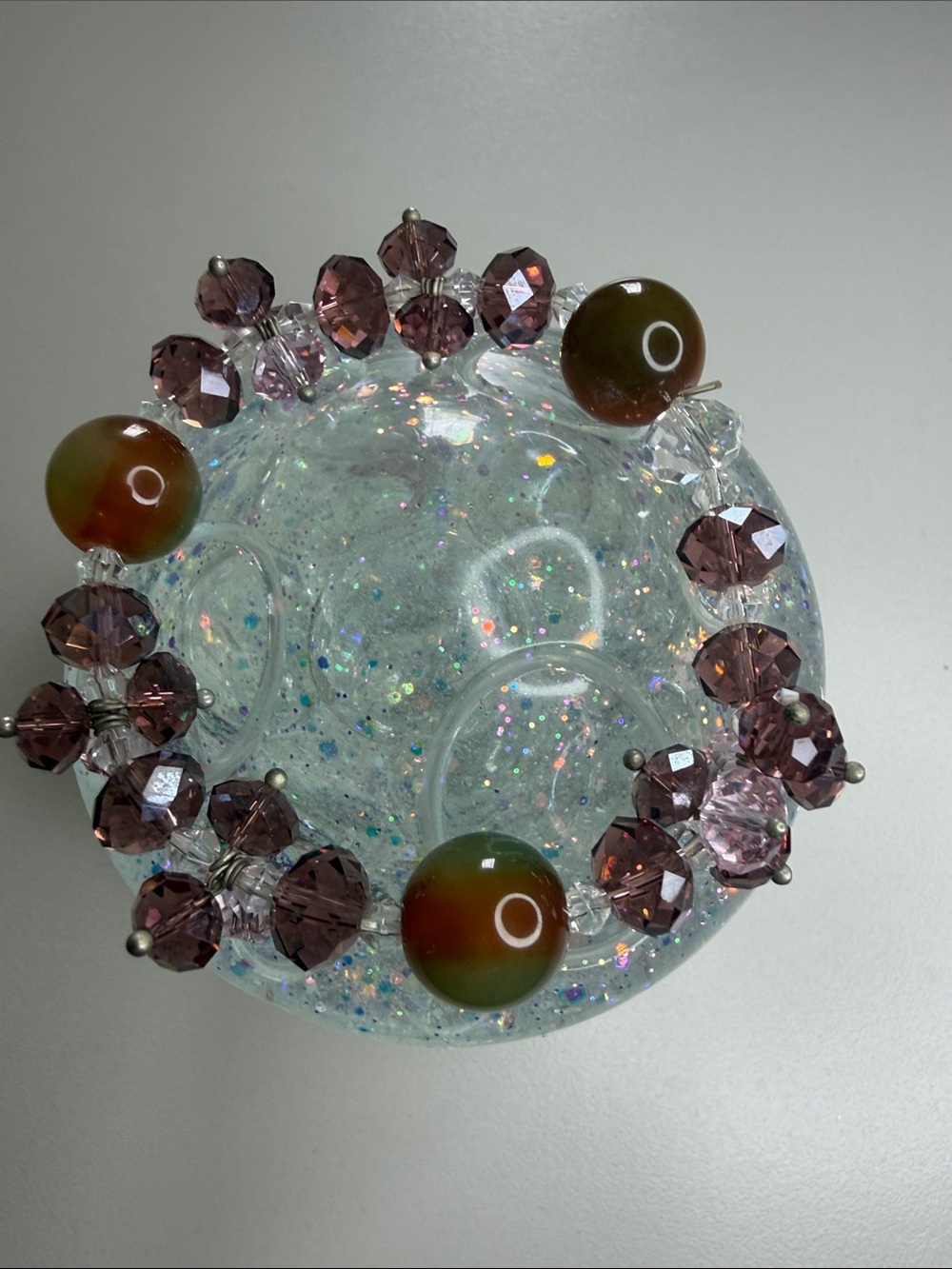 Bead & Crystal Stretch Bracelet in Mauve and Olive